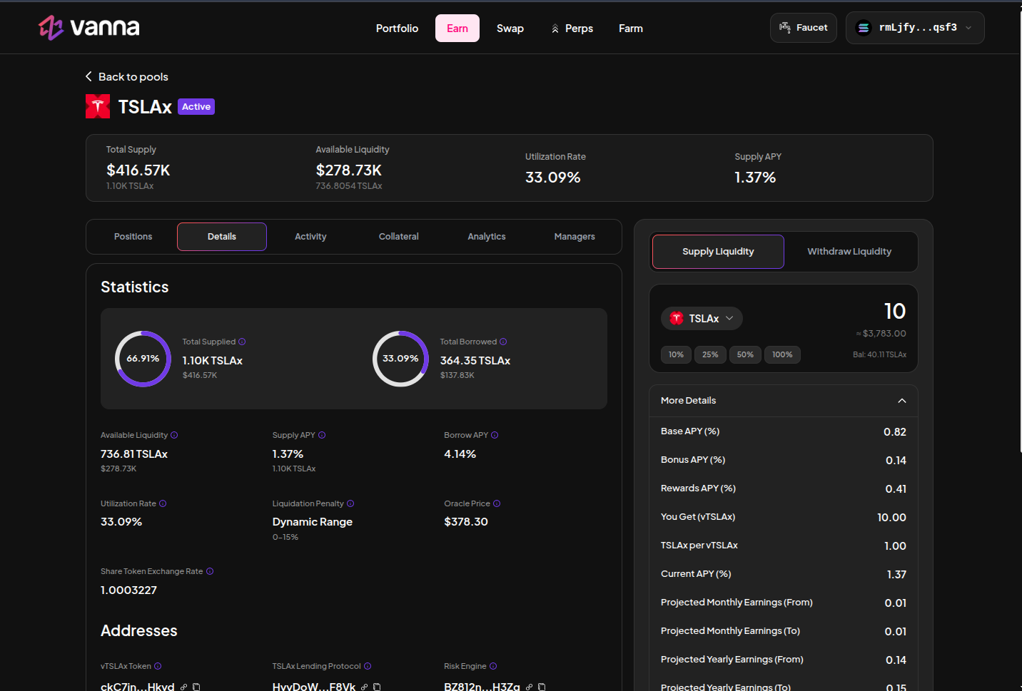 TSLAx pool page with Supply Liquidity form and pool statistics