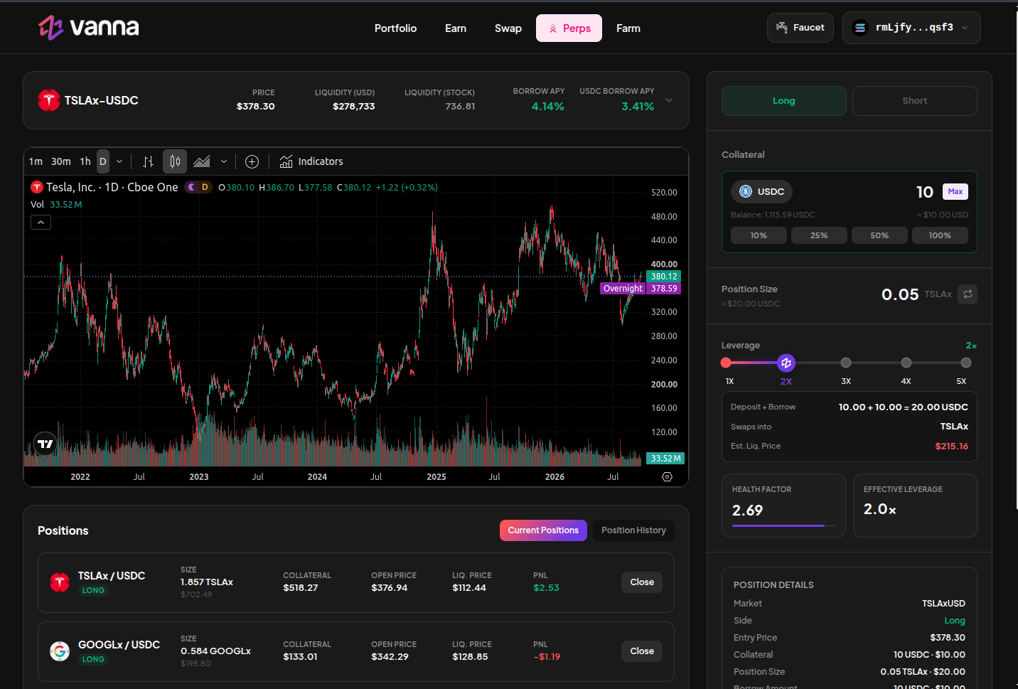 Perps page showing a TSLAx/USDC long with chart, leverage, and positions table