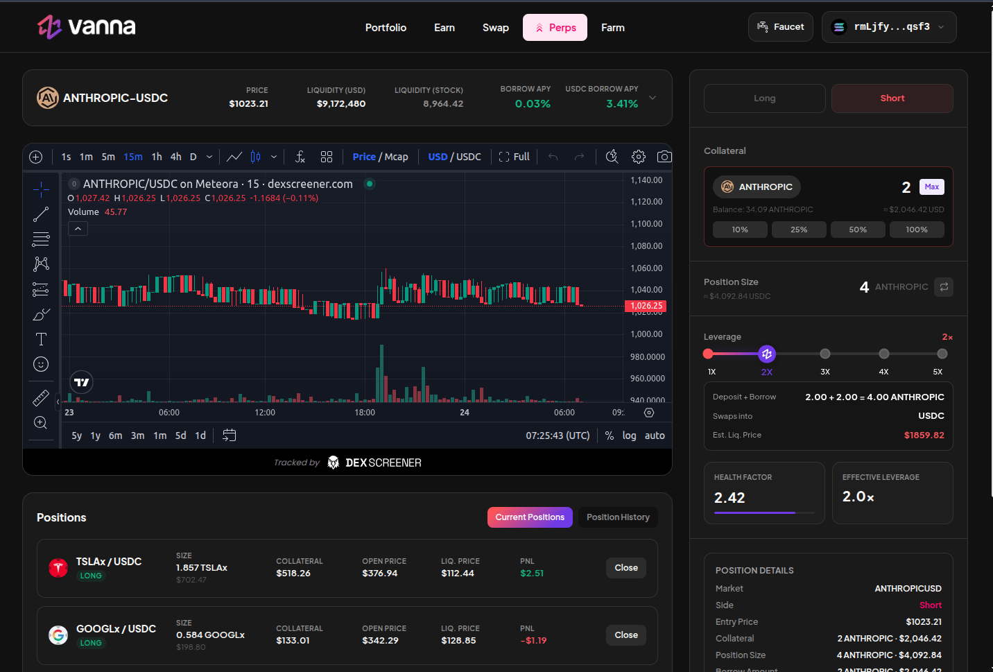 Short ANTHROPIC ticket with 2 token collateral and 2x leverage