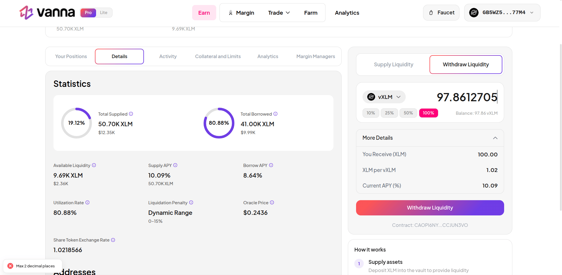 Withdraw Liquidity panel