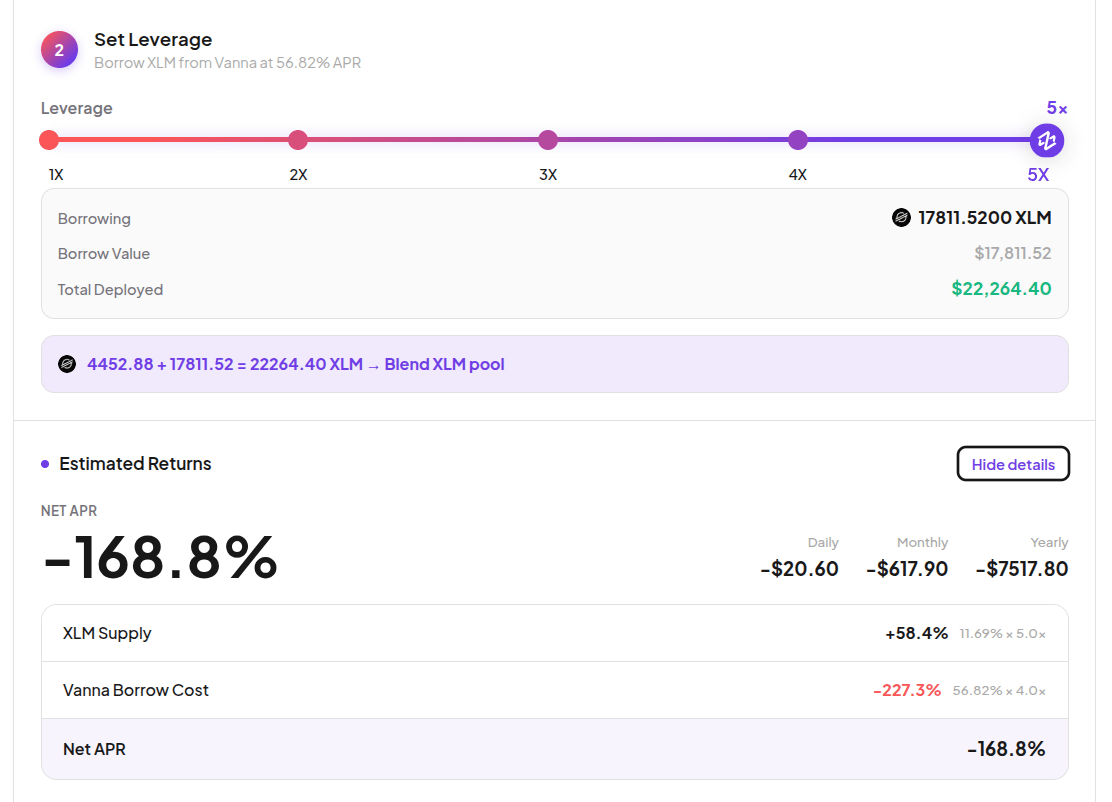 Lite leverage slider with borrowing, deployed amount, and a negative net APR preview