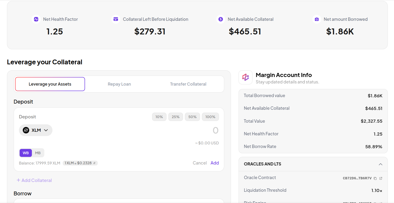Margin overview showing health, collateral headroom, borrowing, and action tabs