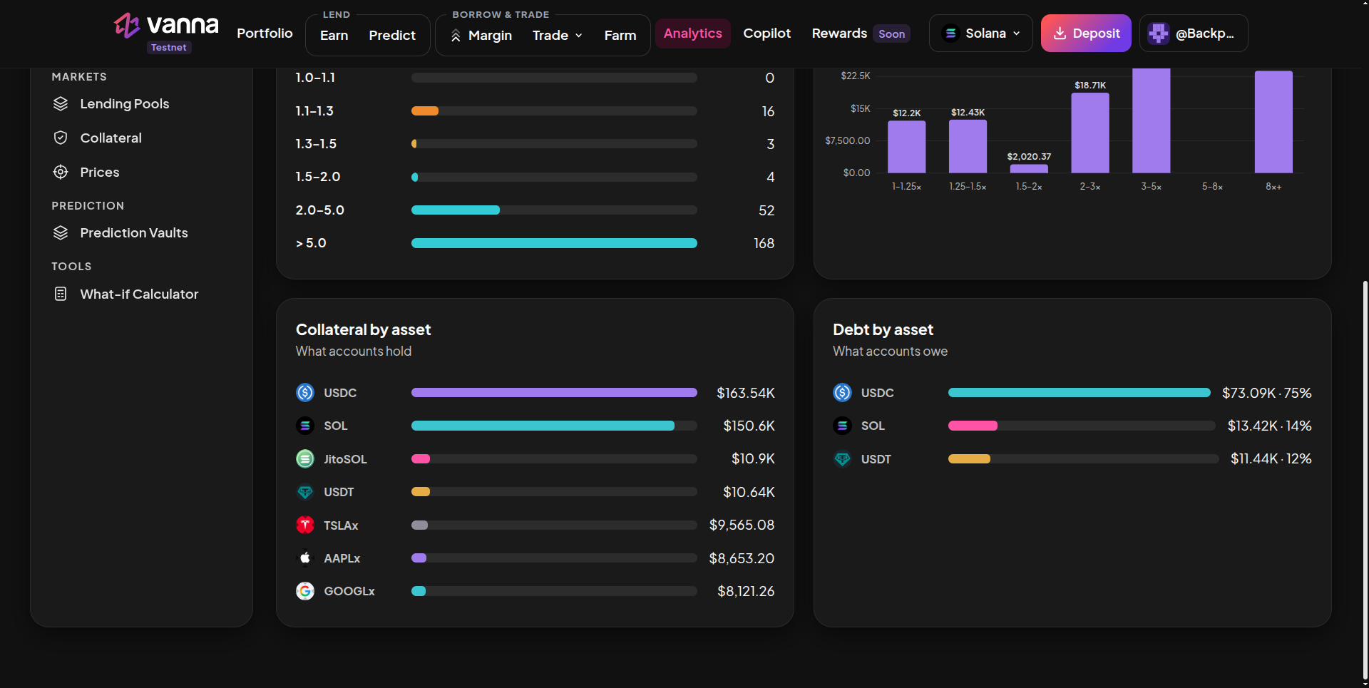 Accounts by health bars, a debt by leverage chart, Collateral by asset list (USDC, SOL, JitoSOL, USDT, TSLAx, AAPLx, GOOGLx) and Debt by asset (USDC, SOL, USDT)