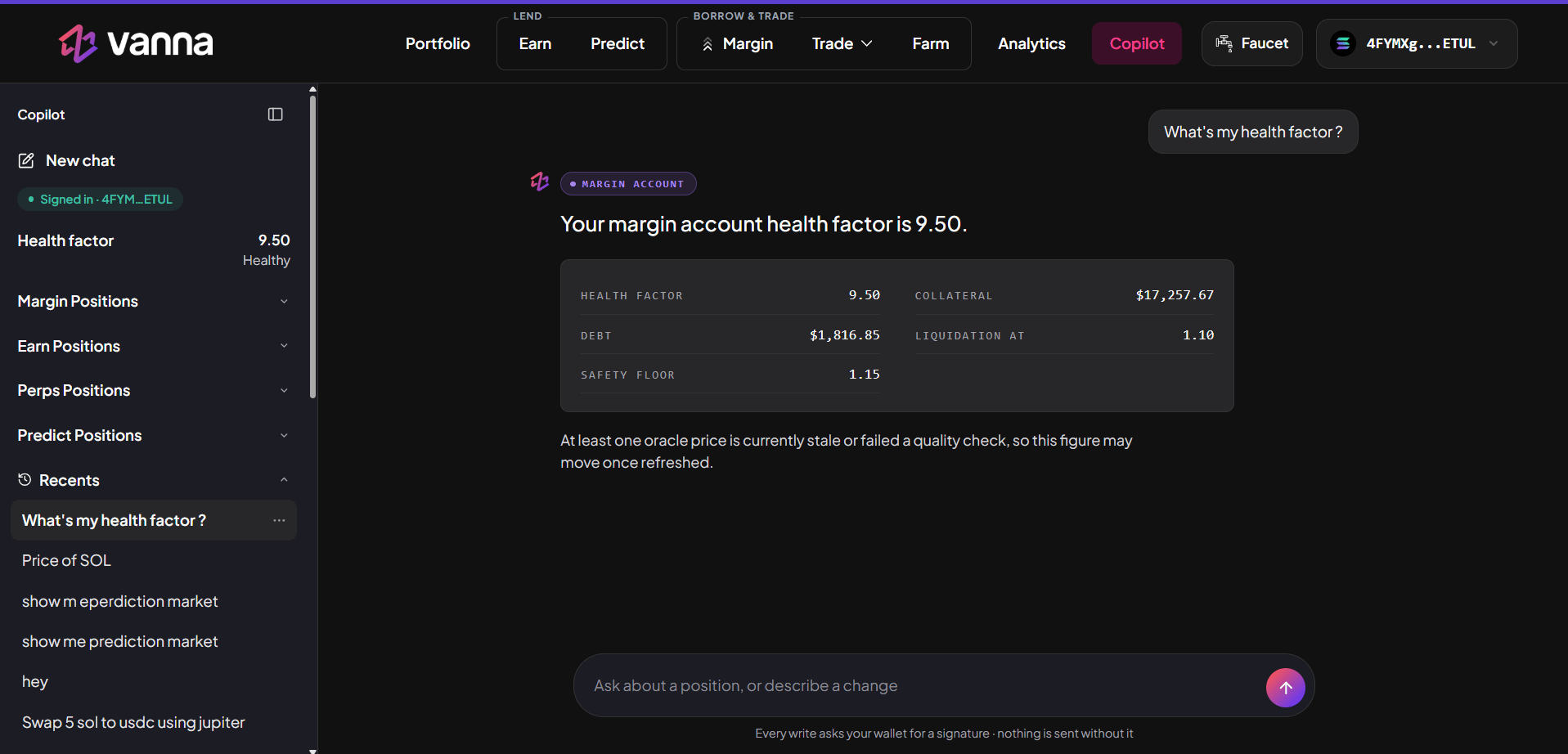 Copilot page answering What's my health factor with a Margin Account card showing health factor 9.50, collateral, debt, liquidation at 1.10 and safety floor 1.15, and a sidebar with sign-in status, health factor, position lists and recent chats