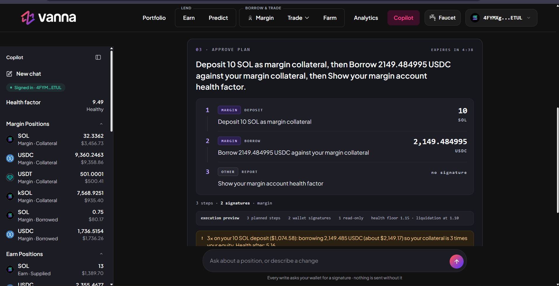 Approve Plan card expiring in 4:38 with three steps: deposit 10 SOL as margin collateral, borrow 2,149.484995 USDC, and a report step showing the health factor with no signature, plus an execution preview and a 3x leverage note