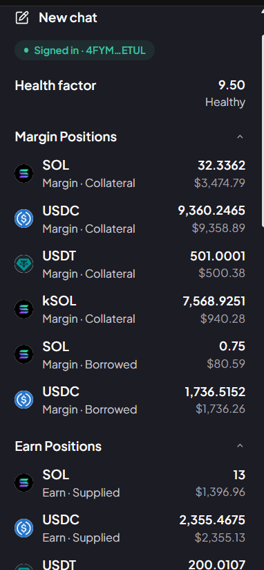 Copilot sidebar showing Signed in status, health factor 9.50 Healthy, Margin Positions with SOL, USDC, USDT and kSOL collateral and SOL and USDC borrowed, and Earn Positions with SOL and USDC supplied