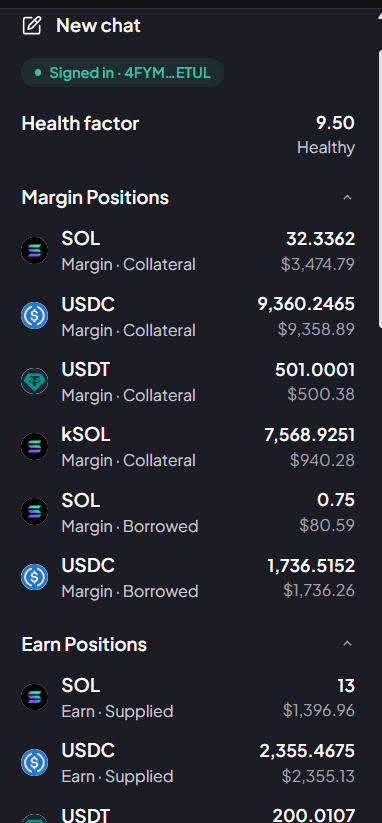 Copilot sidebar showing Signed in status, health factor 9.50 Healthy, Margin Positions with SOL, USDC, USDT and kSOL collateral and SOL and USDC borrowed, and Earn Positions with SOL and USDC supplied