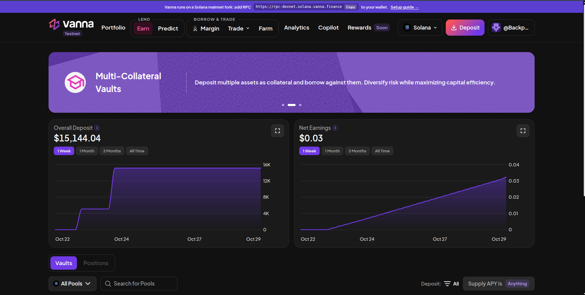 Earn page with a Multi-Collateral Vaults banner, Overall Deposit and Net Earnings charts with 1 Week, 1 Month, 3 Months and All Time ranges, and Vaults / Positions tabs with pool filters