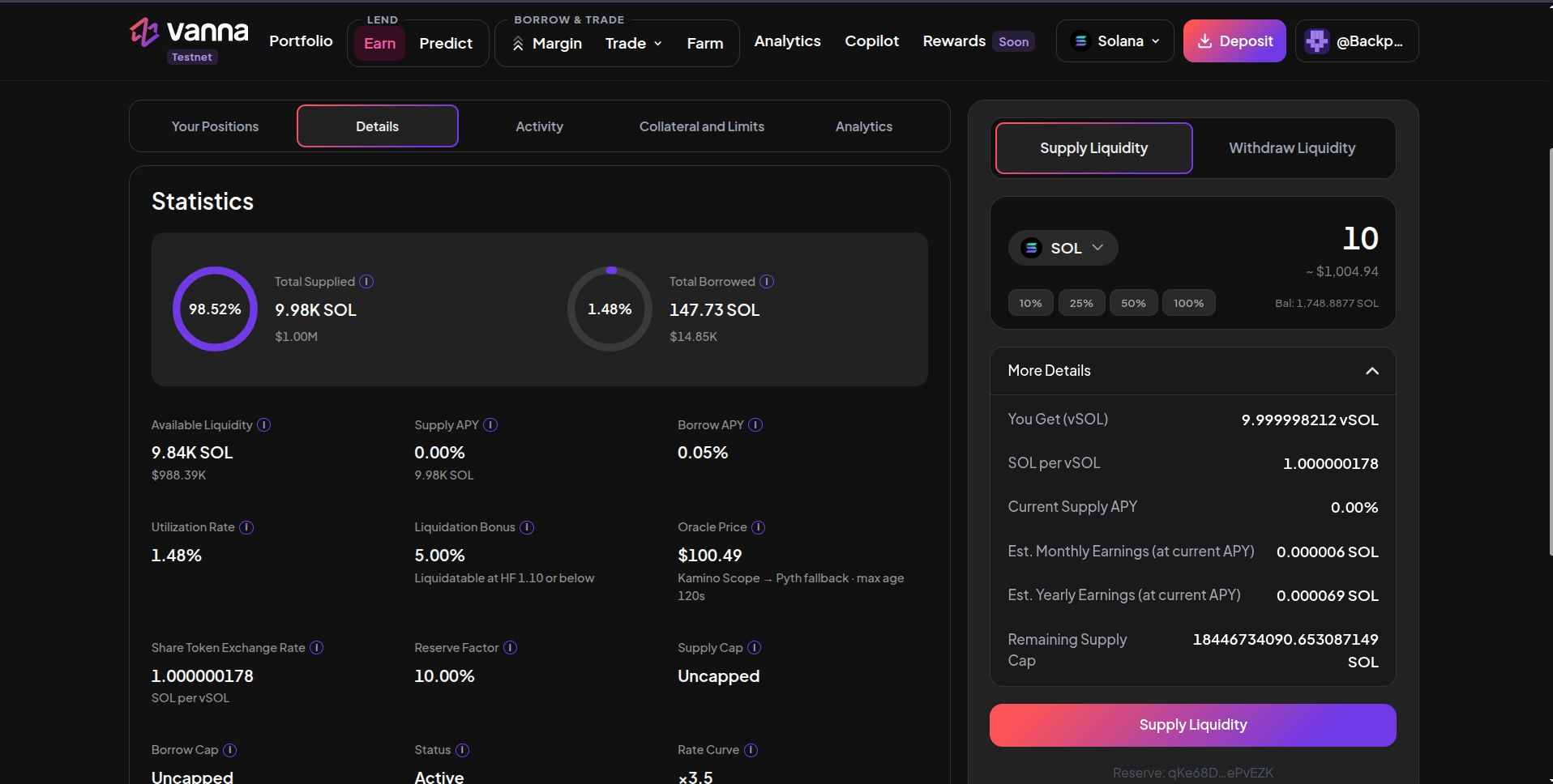 SOL pool Details tab with Total Supplied and Total Borrowed rings, Available Liquidity, Supply APY, Borrow APY, Utilization Rate, Liquidation Bonus 5% liquidatable at HF 1.10 or below, Oracle Price from Kamino Scope with Pyth fallback, Share Token Exchange Rate, Reserve Factor 10%, Supply Cap and Borrow Cap Uncapped, and the Supply Liquidity panel