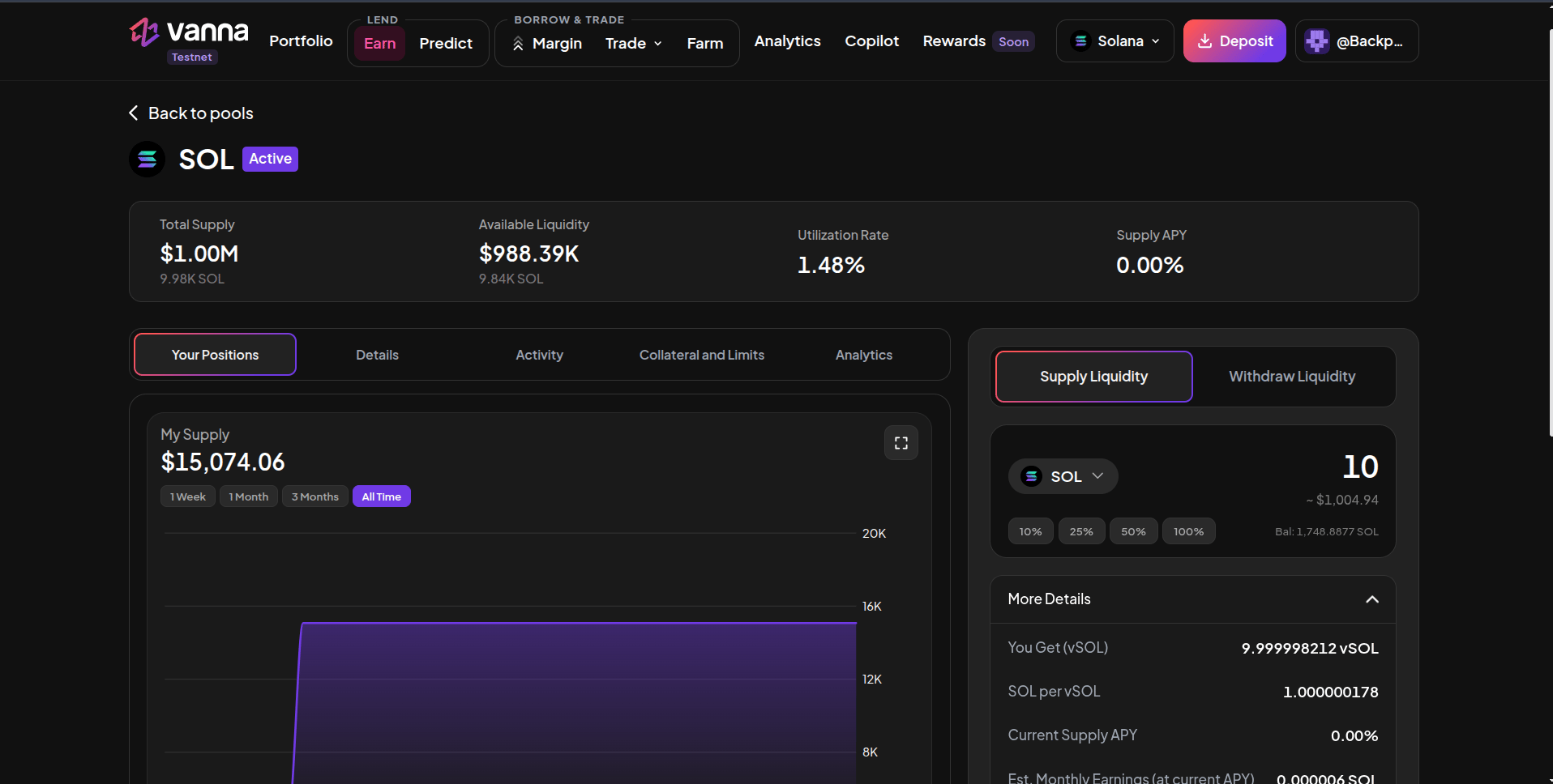 SOL pool page showing Total Supply, Available Liquidity, Utilization Rate and Supply APY, a My Supply chart, and a Supply Liquidity form for 10 SOL with You Get vSOL, SOL per vSOL, Current Supply APY and estimated monthly earnings