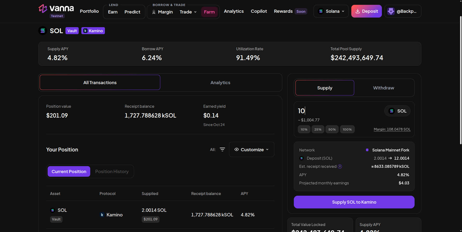 Kamino SOL vault page with Supply APY, Borrow APY, Utilization Rate and Total Pool Supply, Position value and Receipt balance, and a Supply panel previewing 10 SOL