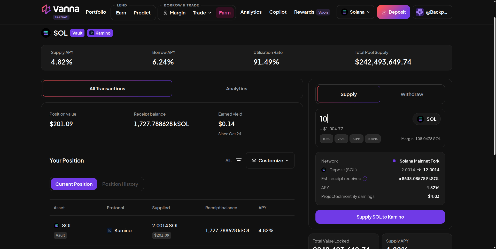 Kamino SOL vault page with Supply APY, Borrow APY, Utilization Rate and Total Pool Supply, Position value and Receipt balance, and a Supply panel previewing 10 SOL