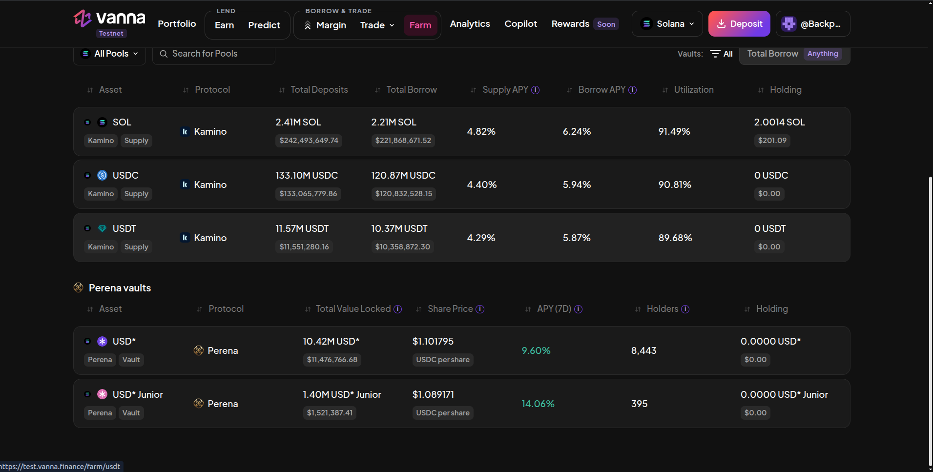 Kamino rows for SOL, USDC and USDT with total deposits, total borrow, supply APY, borrow APY, utilization and holding, and a Perena vaults table with USD* and USD* Junior showing TVL, share price, APY 7D and holders