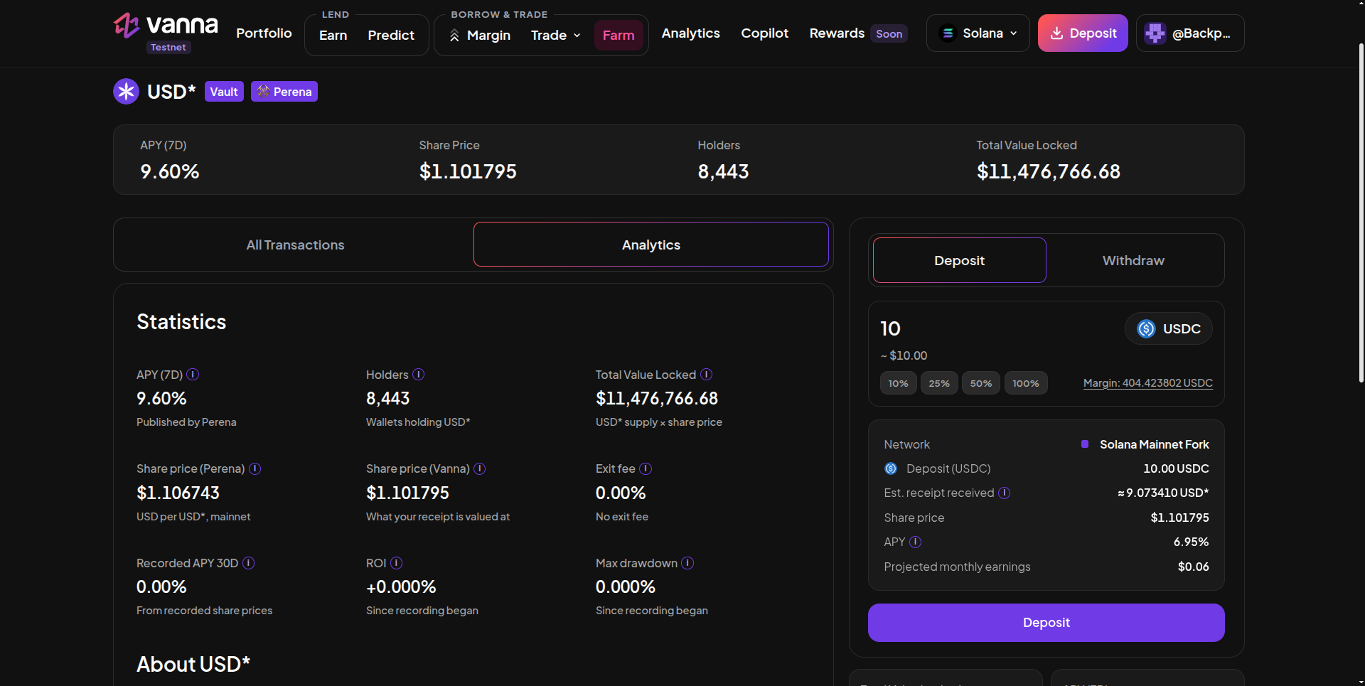 Perena USD* vault page with APY 7D, Share Price, Holders and Total Value Locked, an Analytics tab with Share price (Perena), Share price (Vanna), Exit fee, Recorded APY 30D, ROI and Max drawdown, and a Deposit panel for 10 USDC