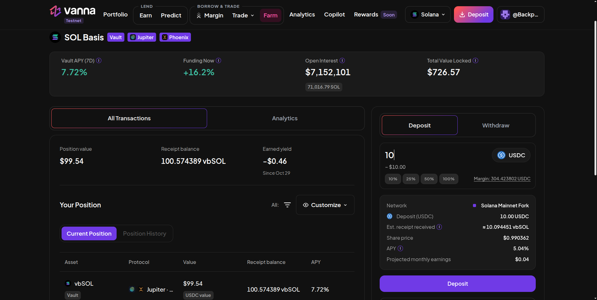 SOL Basis vault page with Jupiter and Phoenix badges, Vault APY 7D, Funding Now, Open Interest and Total Value Locked, a position with vbSOL receipt balance and earned yield, and a Deposit panel for 10 USDC showing estimated vbSOL, share price, APY and projected monthly earnings