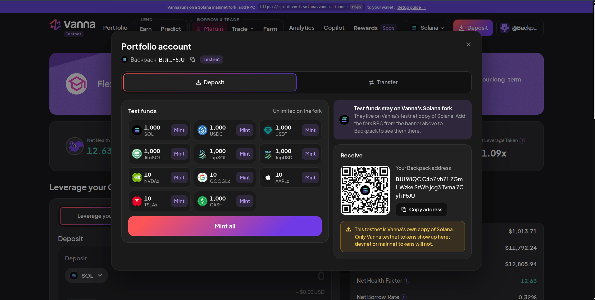 Portfolio account window with Deposit and Transfer tabs, a Test funds grid with Mint buttons for SOL, USDC, USDT, JitoSOL, JupSOL, JupUSD, NVDAx, GOOGLx, AAPLx, TSLAx and CASH, a Mint all button, and a Receive panel with a QR code and Copy address