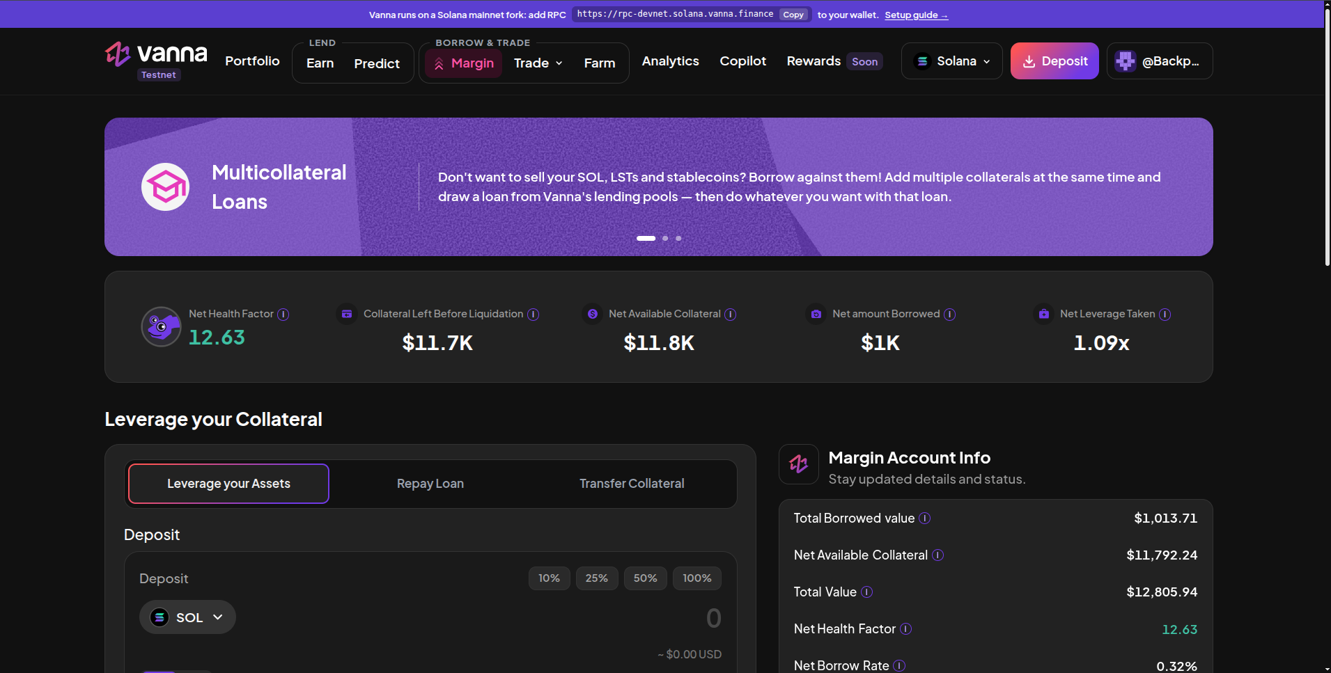 Margin page with a Multicollateral Loans banner, Net Health Factor with the chameleon mascot, Collateral Left Before Liquidation, Net Available Collateral, Net amount Borrowed, Net Leverage Taken, the Leverage your Assets / Repay Loan / Transfer Collateral tabs and Margin Account Info