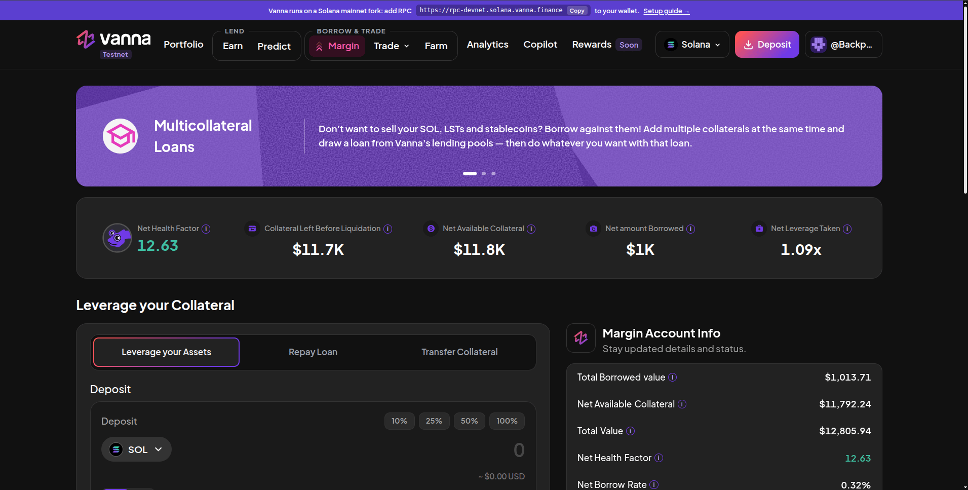Margin page with a Multicollateral Loans banner, Net Health Factor with the chameleon mascot, Collateral Left Before Liquidation, Net Available Collateral, Net amount Borrowed, Net Leverage Taken, the Leverage your Assets / Repay Loan / Transfer Collateral tabs and Margin Account Info