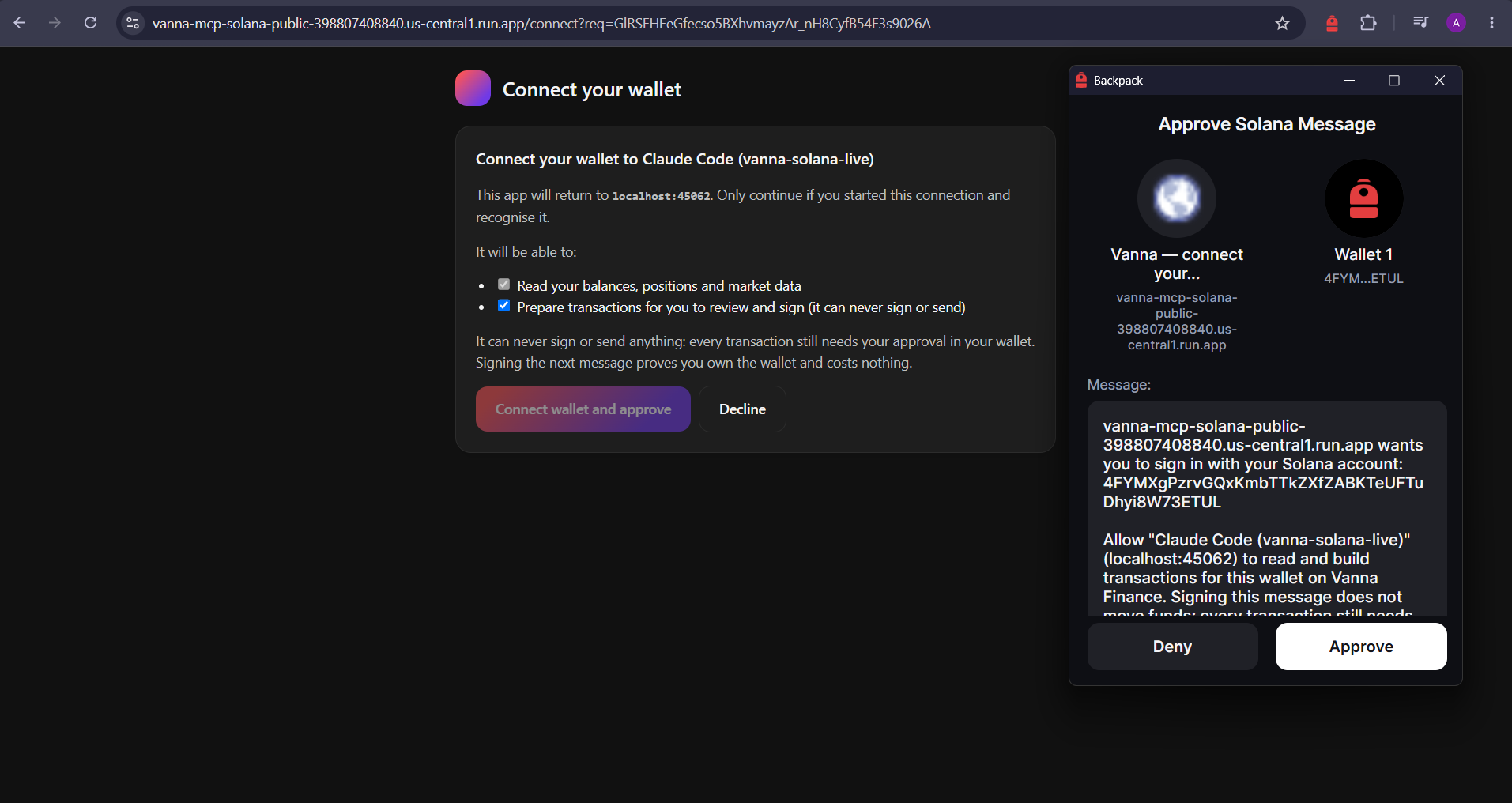 Connect your wallet page for Claude Code (vanna-solana-live) listing read and prepare-transactions permissions, with Connect wallet and approve and Decline buttons, and a Backpack window asking to approve the sign-in message