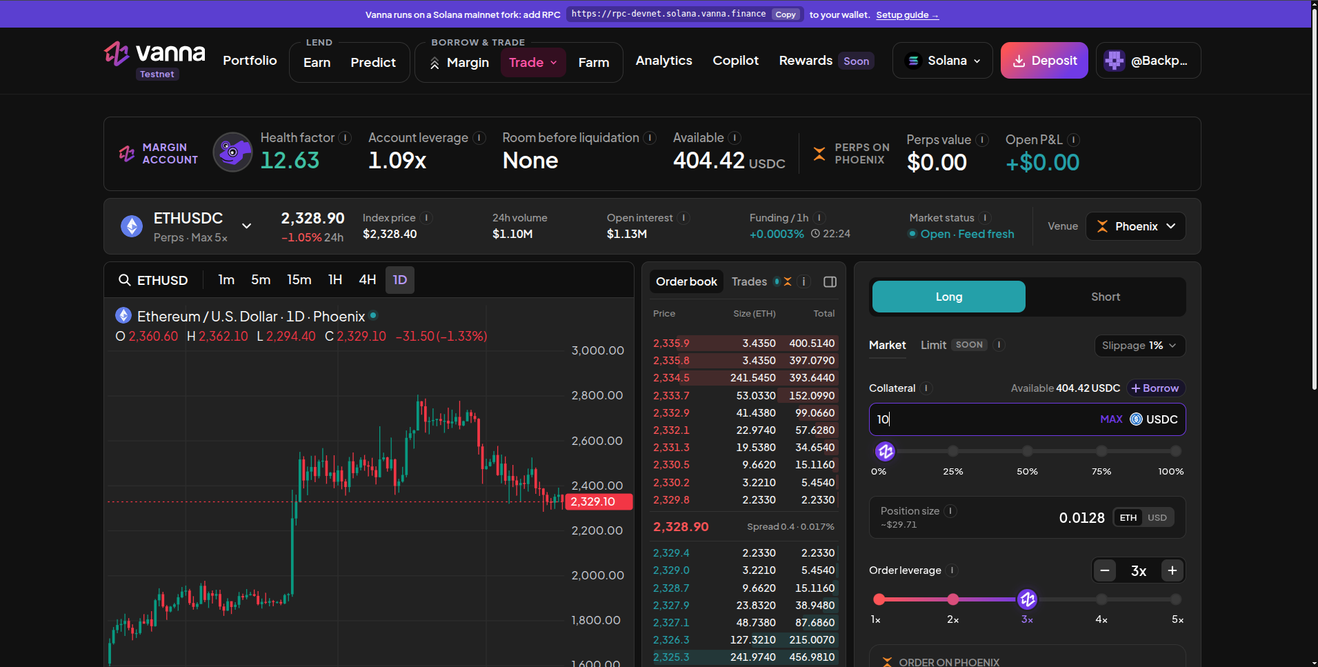 ETHUSDC perps page on Phoenix with index price, 24h volume, open interest, funding, market status, margin account strip, price chart, order book and a Long order panel at 3x