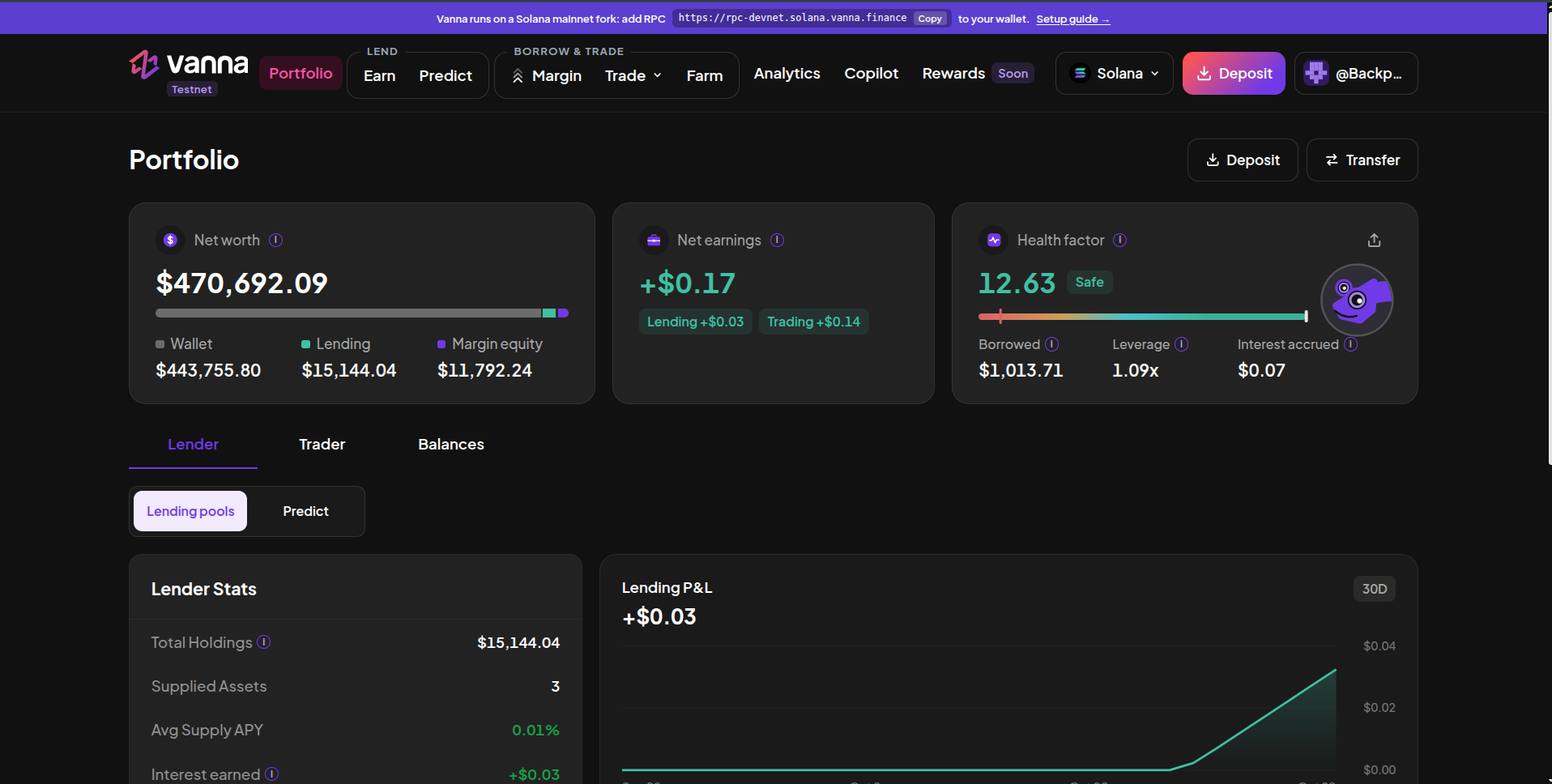 Vanna Portfolio page showing net worth split into wallet, lending and margin equity, net earnings, and a health factor card with the chameleon mascot