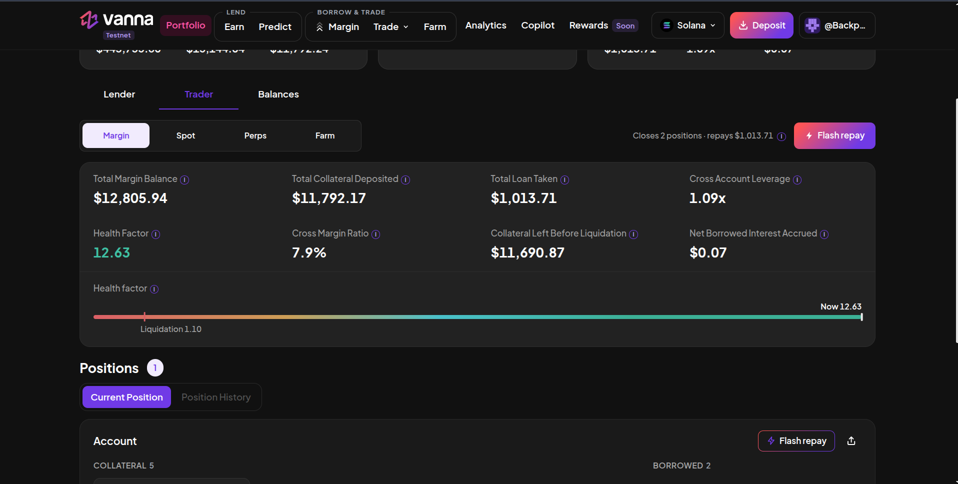 Trader tab with Margin, Spot, Perps and Farm sub-tabs, Flash repay button, margin totals including Cross Margin Ratio and Net Borrowed Interest Accrued, and a health factor bar at 12.63 with liquidation at 1.10