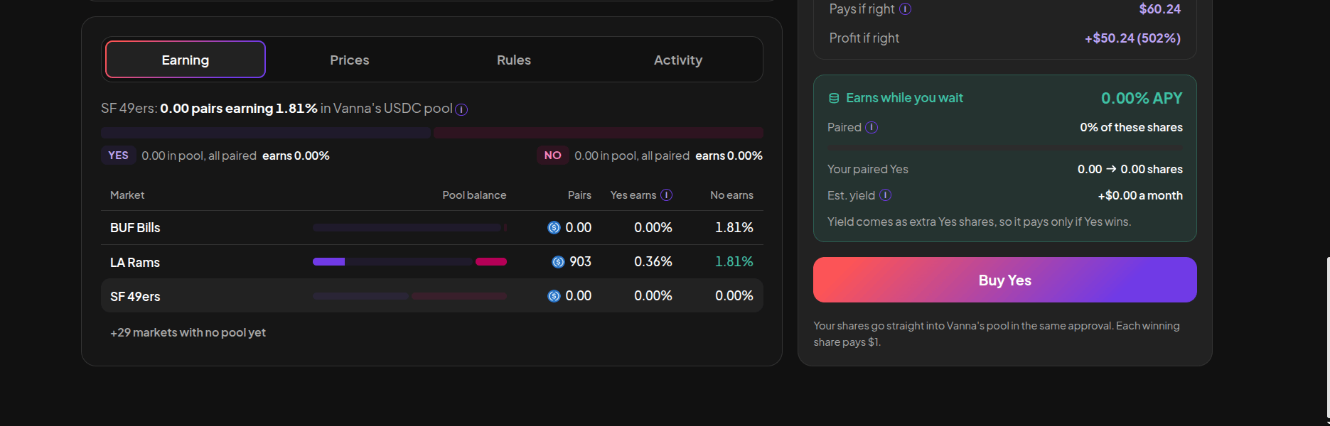 Earning tab with Earning, Prices, Rules and Activity tabs, a market table with pool balance, pairs, Yes earns and No earns, and an Earns while you wait box showing paired share, your paired Yes and estimated monthly yield above a Buy Yes button