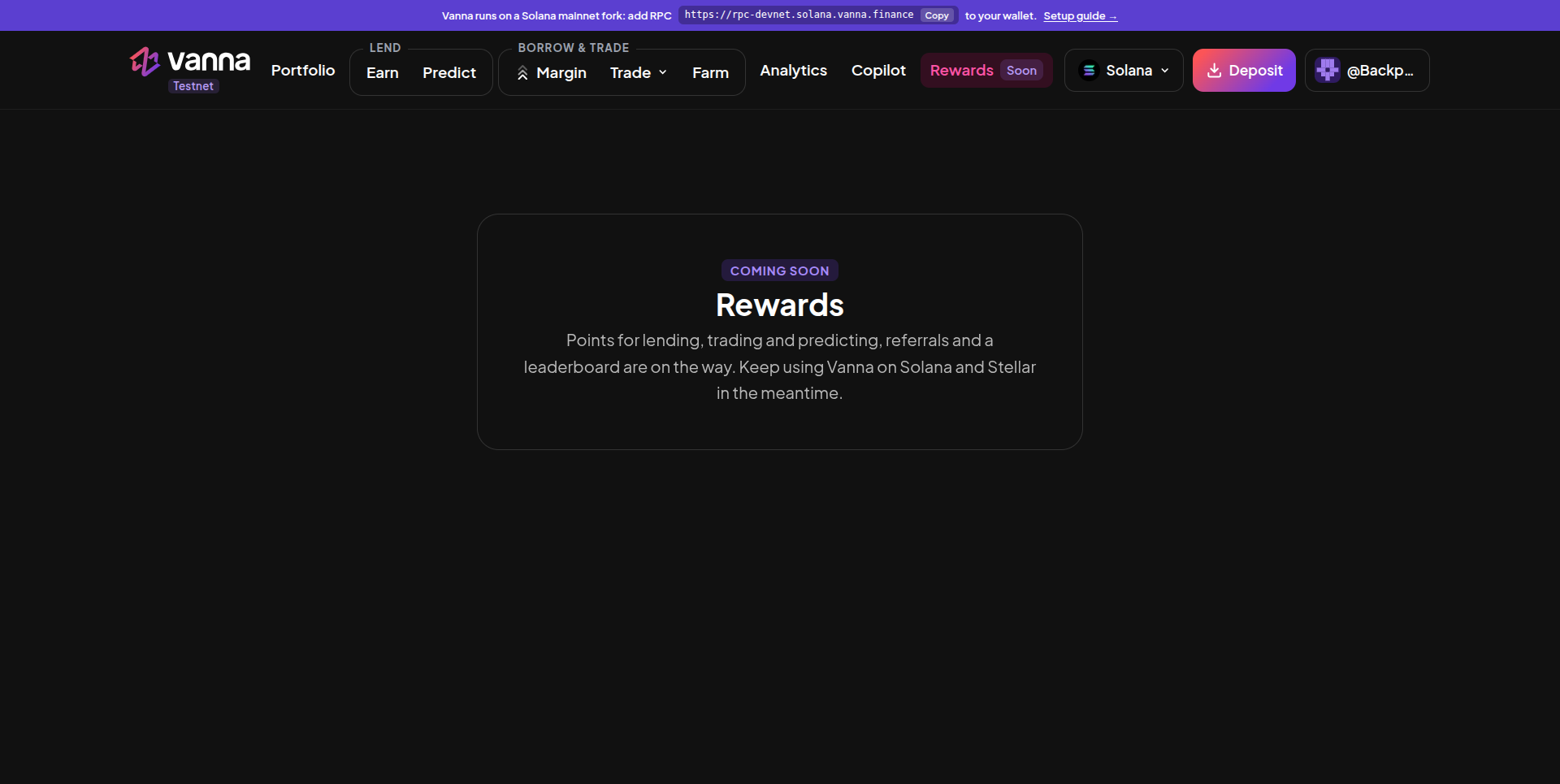 Rewards page with a Coming soon badge: points for lending, trading and predicting, referrals and a leaderboard are on the way