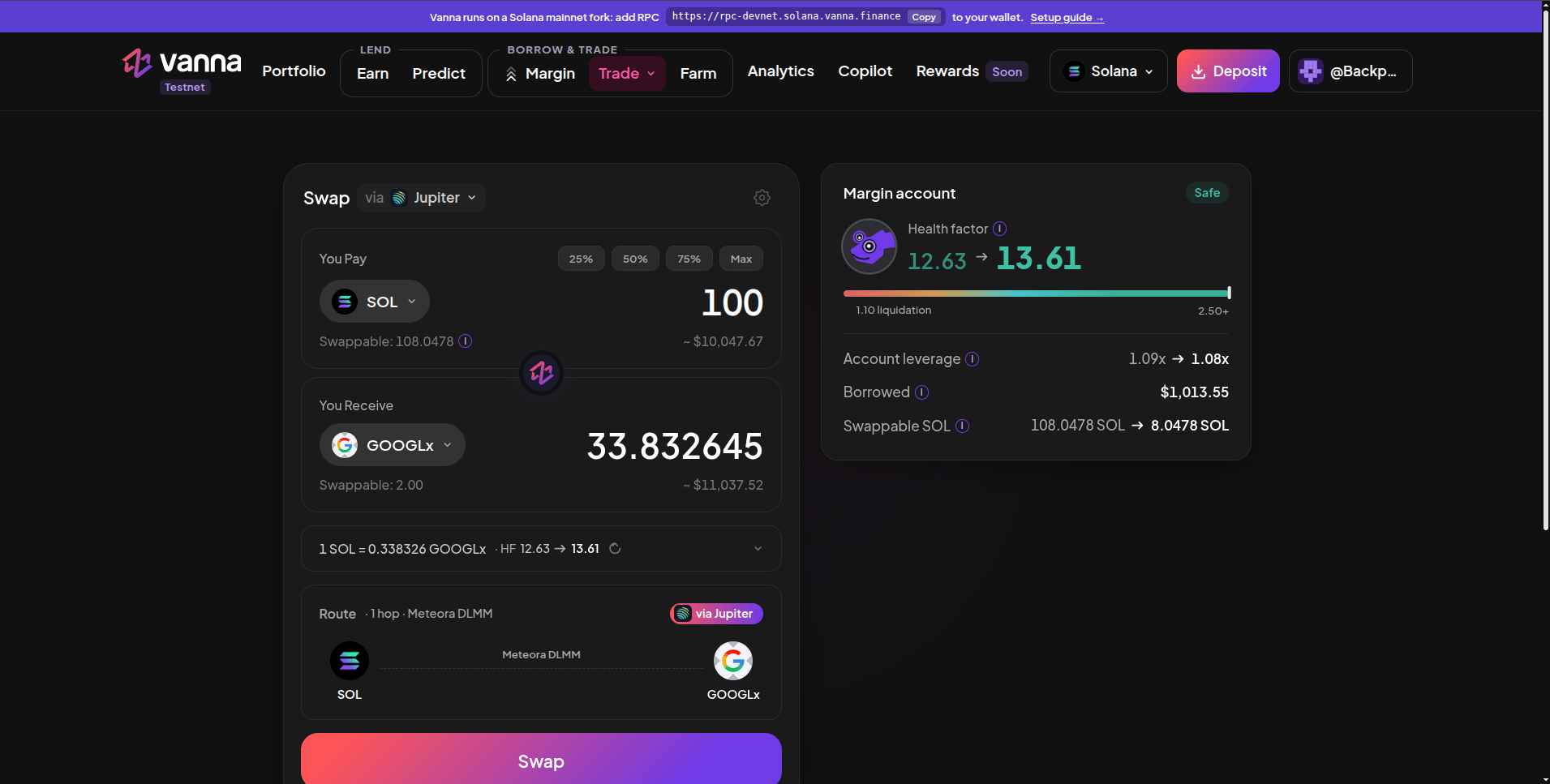 Spot swap card via Jupiter paying 100 SOL to receive 33.83 GOOGLx, health factor 12.63 to 13.61, a one-hop Meteora DLMM route, and a Margin account panel with health factor, account leverage, borrowed and swappable SOL before and after