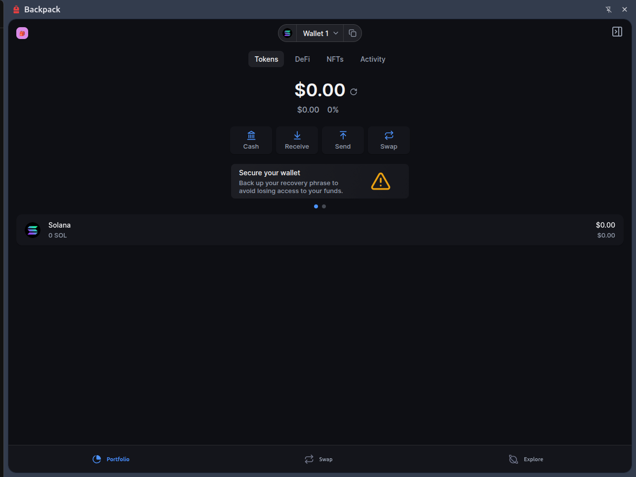 Backpack wallet home screen showing a 0 SOL balance on the default RPC