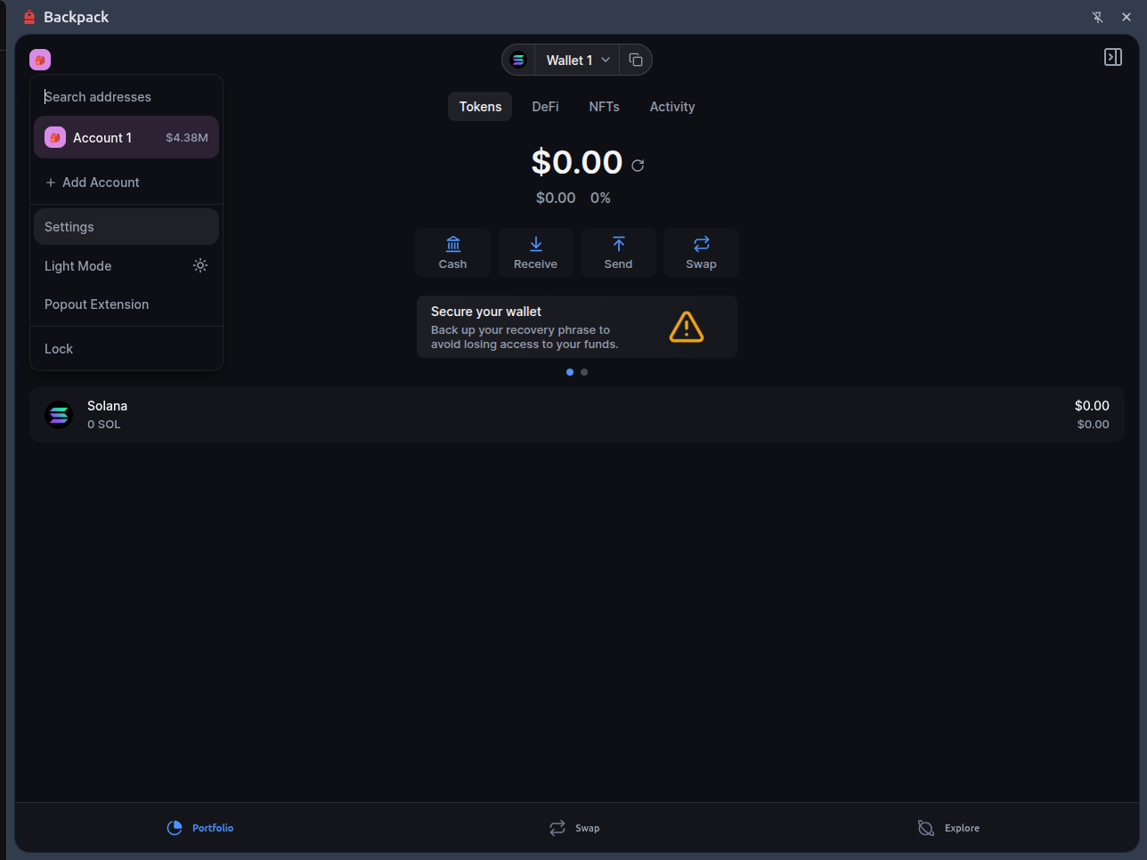 Backpack account menu open with the Settings option highlighted