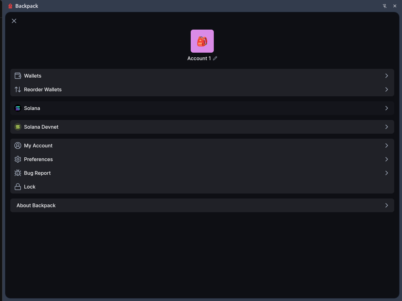 Backpack settings list with Solana and Solana Devnet entries