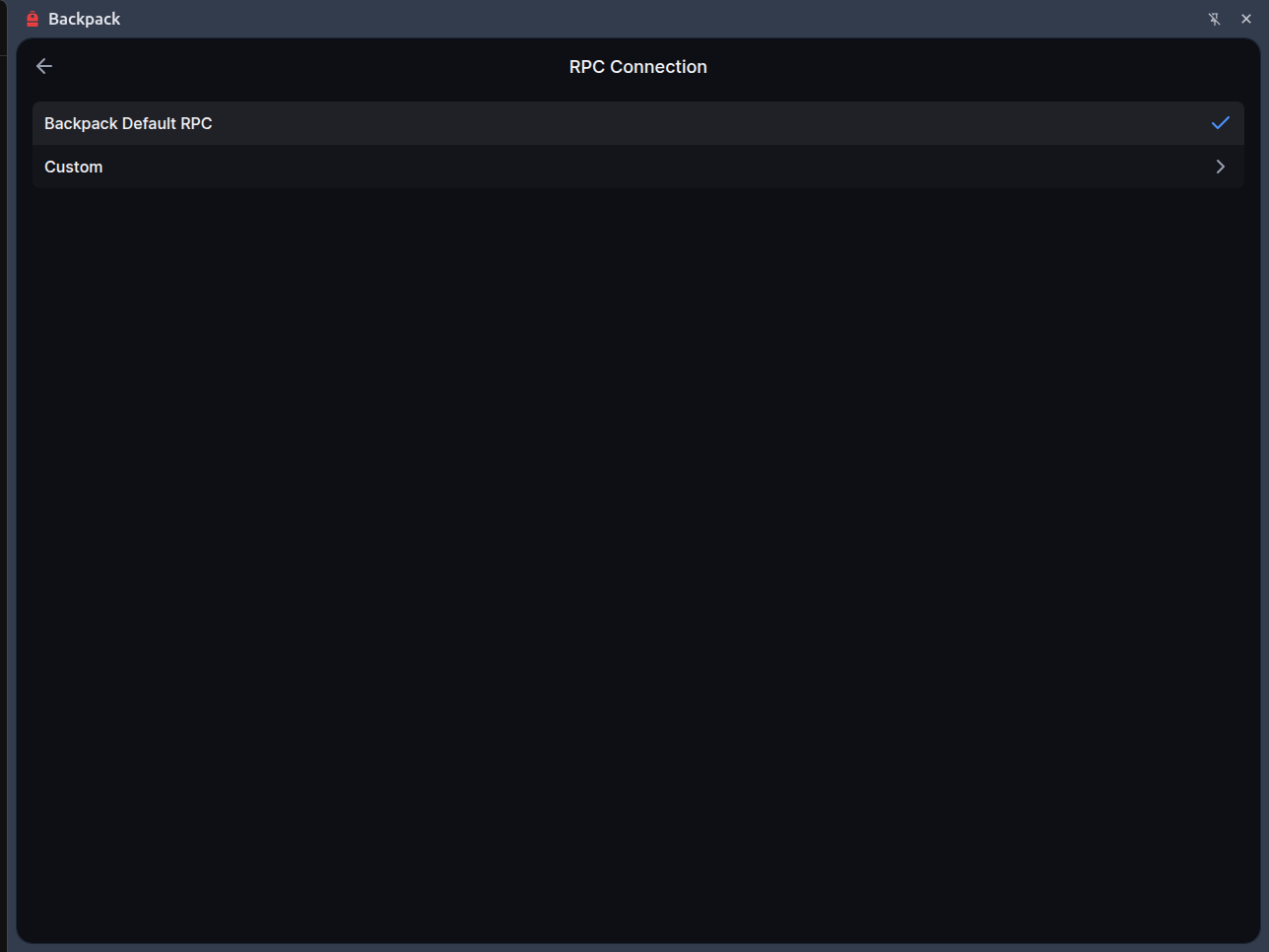 Backpack RPC Connection screen with Backpack Default RPC and Custom options