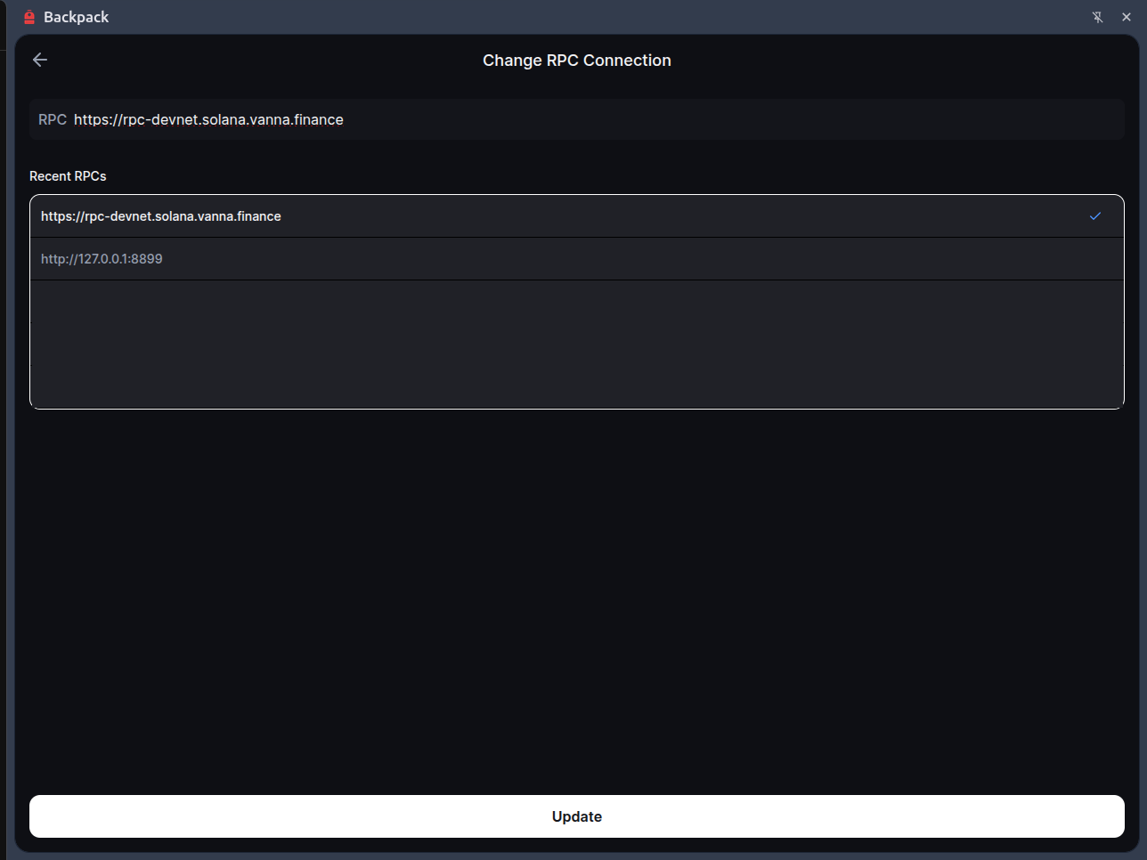 Backpack Change RPC Connection screen with the Vanna fork RPC URL entered and an Update button