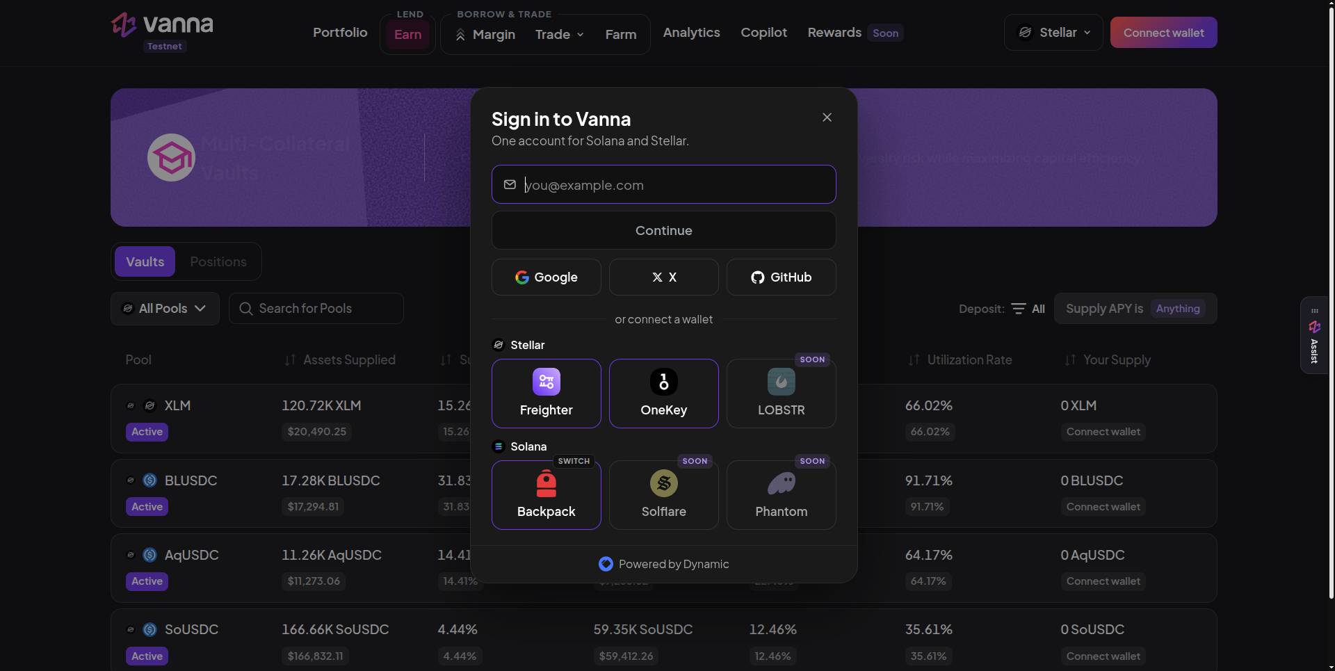Sign in to Vanna dialog with an email field and Continue button, Google, X and GitHub buttons, Stellar wallets Freighter, OneKey and LOBSTR (Soon), and Solana wallets Backpack, Solflare (Soon) and Phantom (Soon), powered by Dynamic