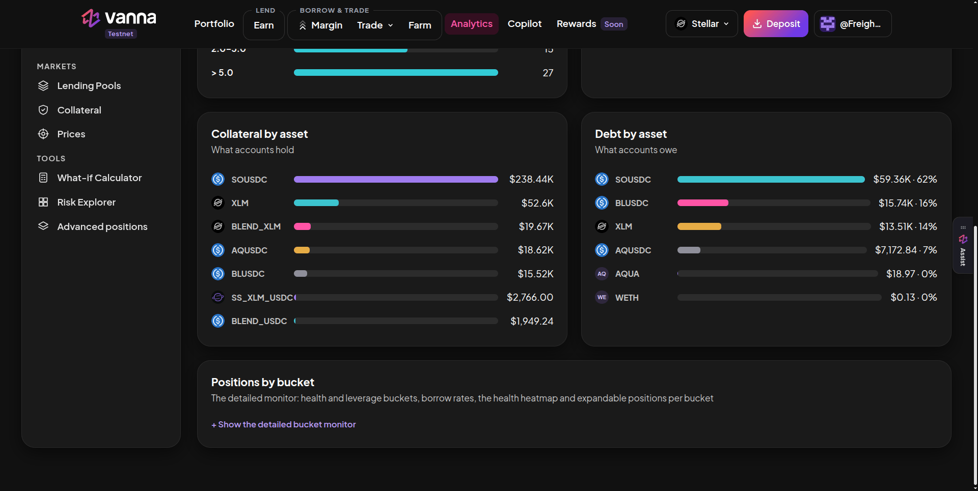 Collateral by asset bars for SOUSDC, XLM, BLEND_XLM, AQUSDC, BLUSDC, SS_XLM_USDC and BLEND_USDC, Debt by asset bars for SOUSDC 62%, BLUSDC 16%, XLM 14%, AQUSDC 7%, AQUA and WETH, and a Positions by bucket card with Show the detailed bucket monitor