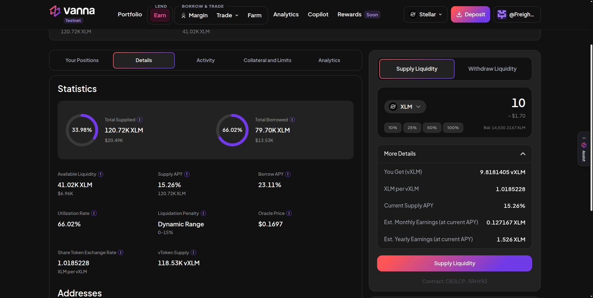 Earn XLM pool page with Statistics showing Total Supplied 120.72K XLM and Total Borrowed 79.70K XLM, Supply APY 15.26%, Borrow APY 23.11%, Utilization 66.02%, Liquidation Penalty dynamic 0-15%, and a Supply Liquidity form for 10 XLM showing You Get 9.8181405 vXLM, XLM per vXLM 1.0185228 and estimated monthly and yearly earnings