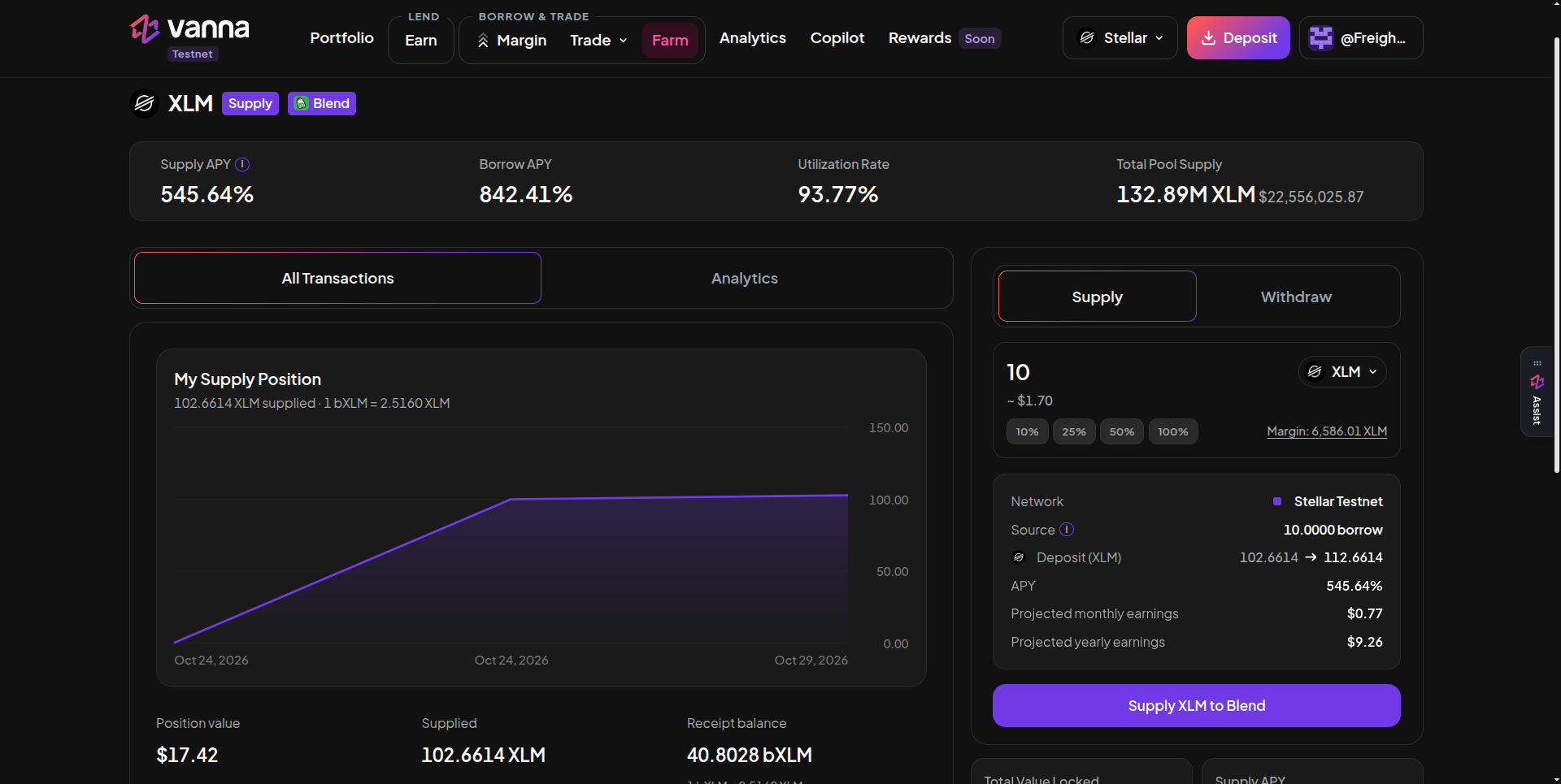 Farm XLM Supply Blend pool page with Supply APY, Borrow APY, Utilization Rate and Total Pool Supply, a My Supply Position chart showing 102.6614 XLM supplied at 1 bXLM = 2.5160 XLM with position value $17.42 and receipt balance 40.8028 bXLM, and a Supply form for 10 XLM showing Network Stellar Testnet, Source 10.0000 borrow, Deposit 102.6614 to 112.6614, APY and projected monthly and yearly earnings, with a Supply XLM to Blend button