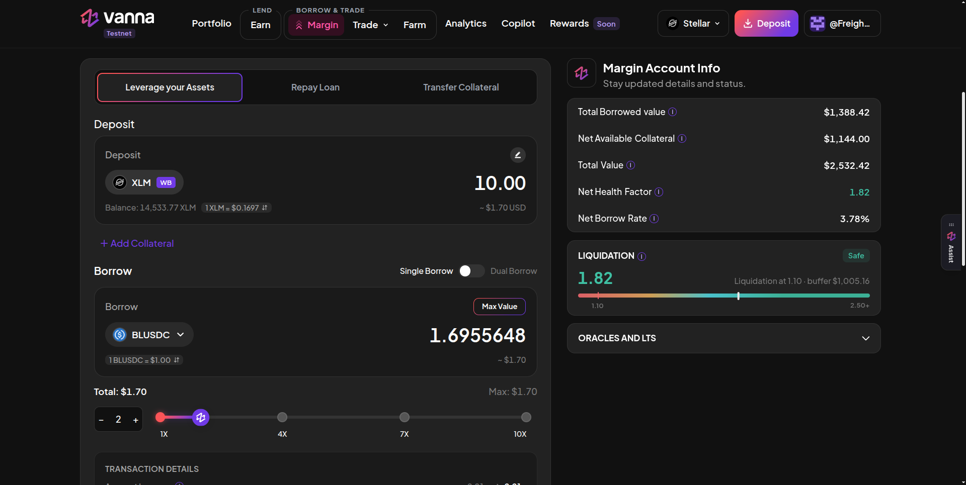 Leverage your Assets tab with a 10 XLM deposit marked WB, Add Collateral, Single Borrow selected on the Single / Dual Borrow toggle, a BLUSDC borrow of 1.6955648 with a Max Value button, Total $1.70 of Max $1.70, and the leverage slider at 2 on a 1x, 4x, 7x, 10x scale