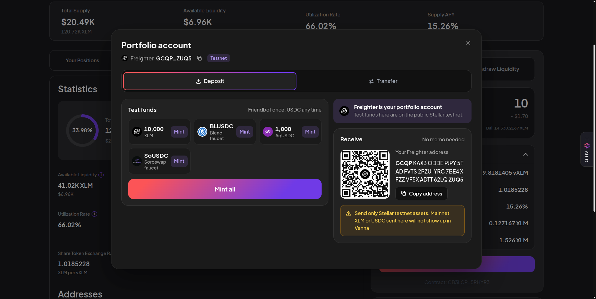 Portfolio account modal with Deposit and Transfer tabs, Test funds tiles for 10,000 XLM, BLUSDC, 1,000 AqUSDC and SoUSDC each with a Mint button, a Mint all button, and a Receive panel with the Freighter address and QR code