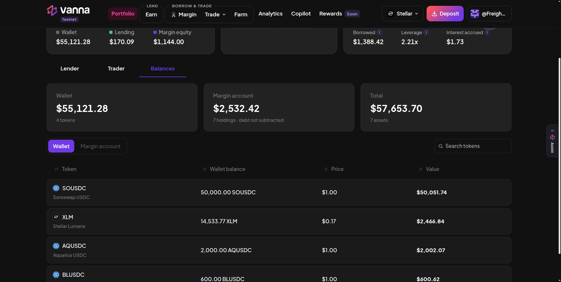 Portfolio Balances tab with Wallet $55,121.28 across 4 tokens, Margin account $2,532.42 across 7 holdings with debt not subtracted, Total $57,653.70, and a Wallet token table listing SOUSDC, XLM, AQUSDC and BLUSDC with balance, price and value