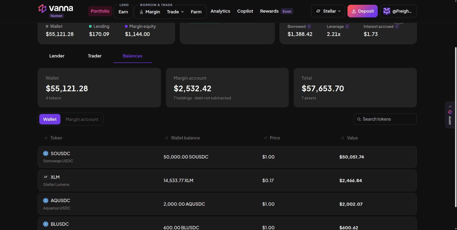Portfolio Balances tab with Wallet $55,121.28 across 4 tokens, Margin account $2,532.42 across 7 holdings with debt not subtracted, Total $57,653.70, and a Wallet token table listing SOUSDC, XLM, AQUSDC and BLUSDC with balance, price and value
