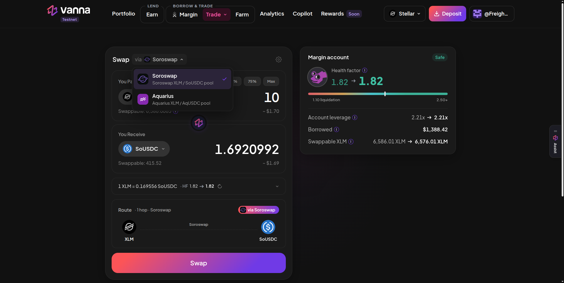 Spot swap card with the via Soroswap dropdown open showing Soroswap (XLM / SoUSDC pool, selected) and Aquarius (XLM / AqUSDC pool), 10 XLM in and 1.6920992 SoUSDC out, a quote line 1 XLM = 0.169556 SoUSDC with HF 1.82 to 1.82, a one-hop Soroswap route from XLM to SoUSDC, and a Margin account card showing health factor 1.82, account leverage 2.21x, borrowed $1,388.42 and swappable XLM