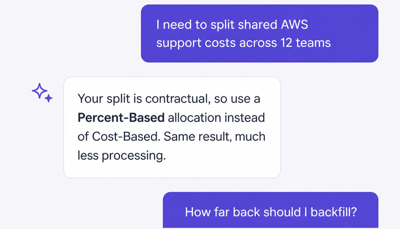 AI assistant conversation preview recommending a Percent-Based allocation to keep virtual tag processing time low