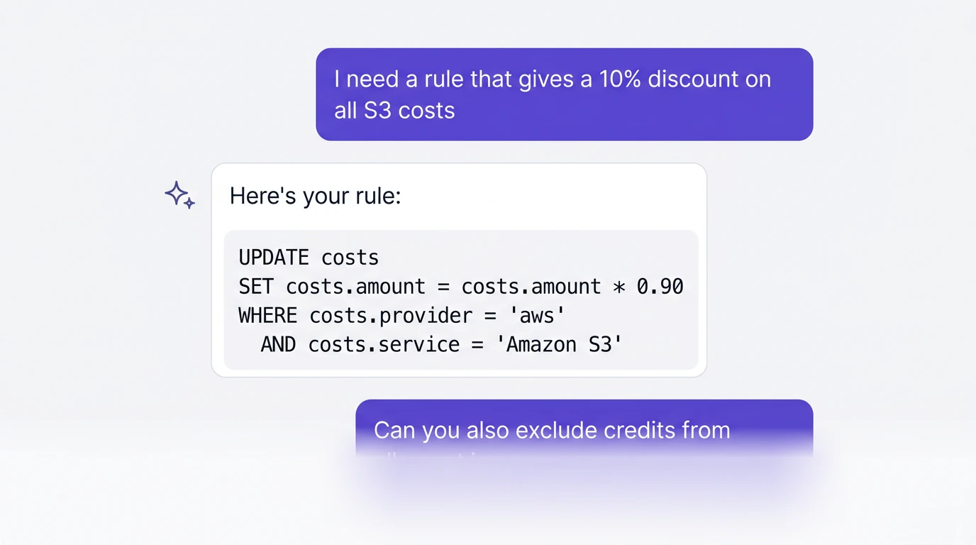 AI assistant conversation preview showing a billing rule being drafted