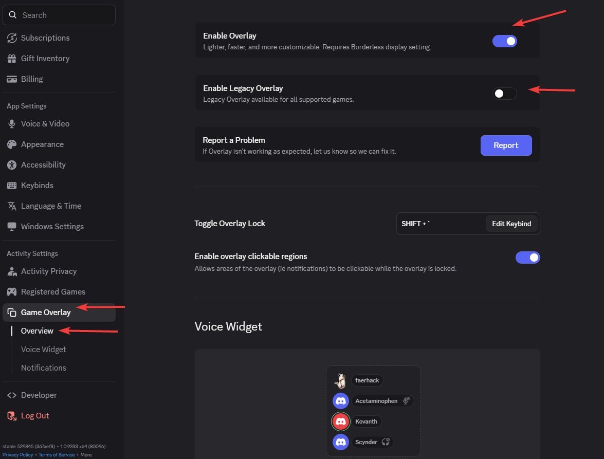 Discord Game Overlay settings with Enable Overlay on and Legacy Overlay off