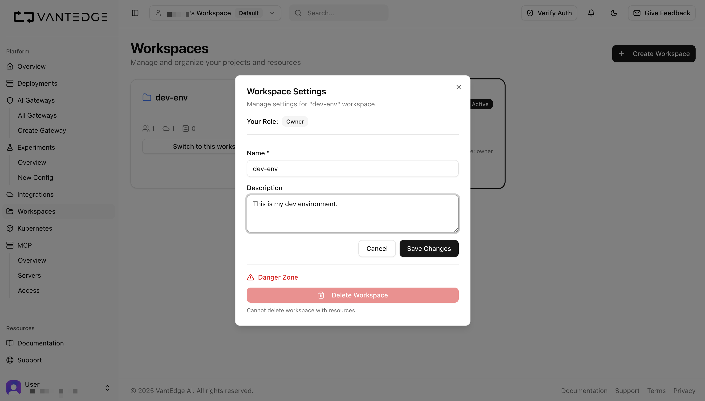 Workspace settings dialog showing name, description, and danger zone options