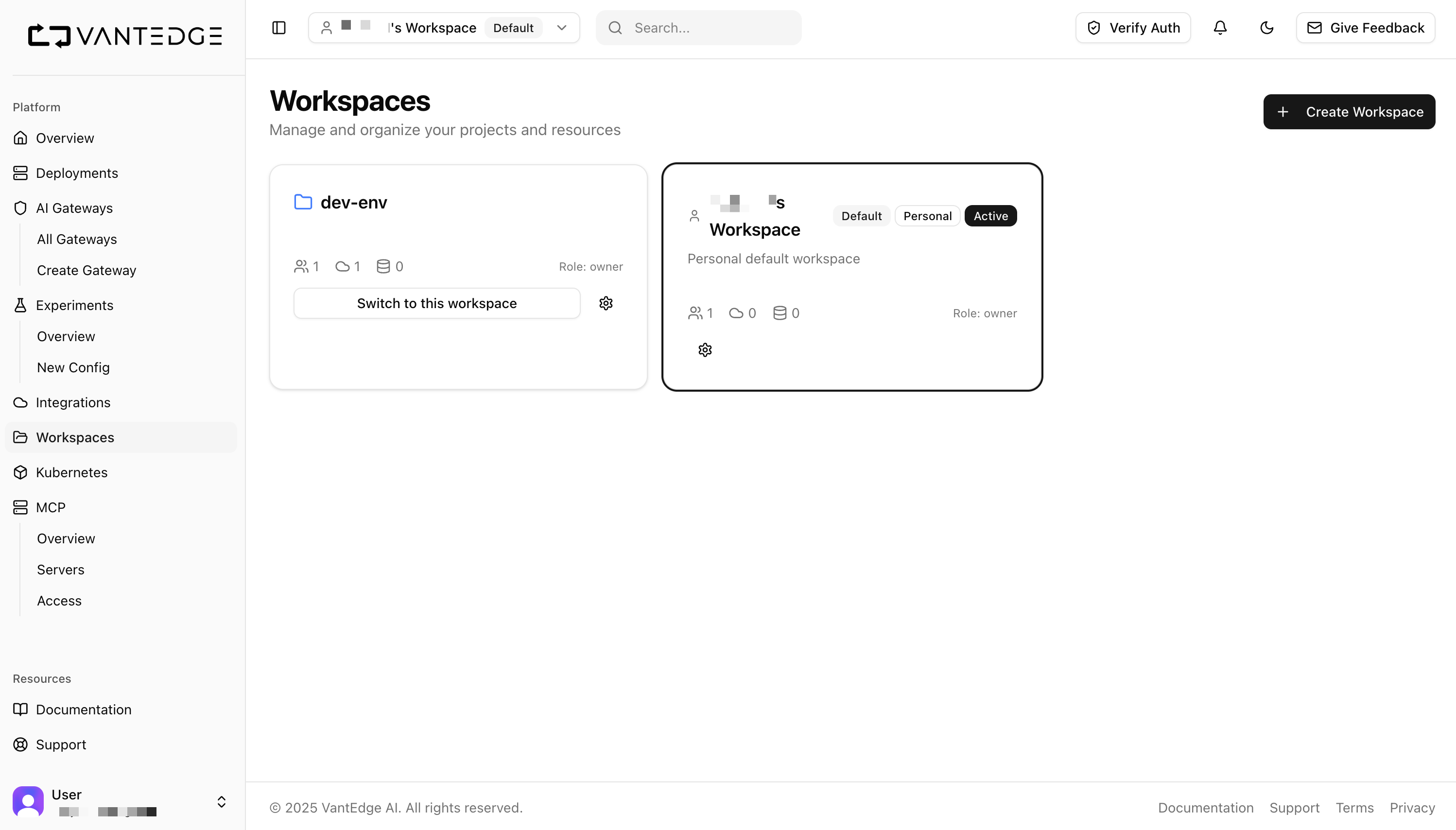 Workspaces overview showing workspace cards with member counts and roles