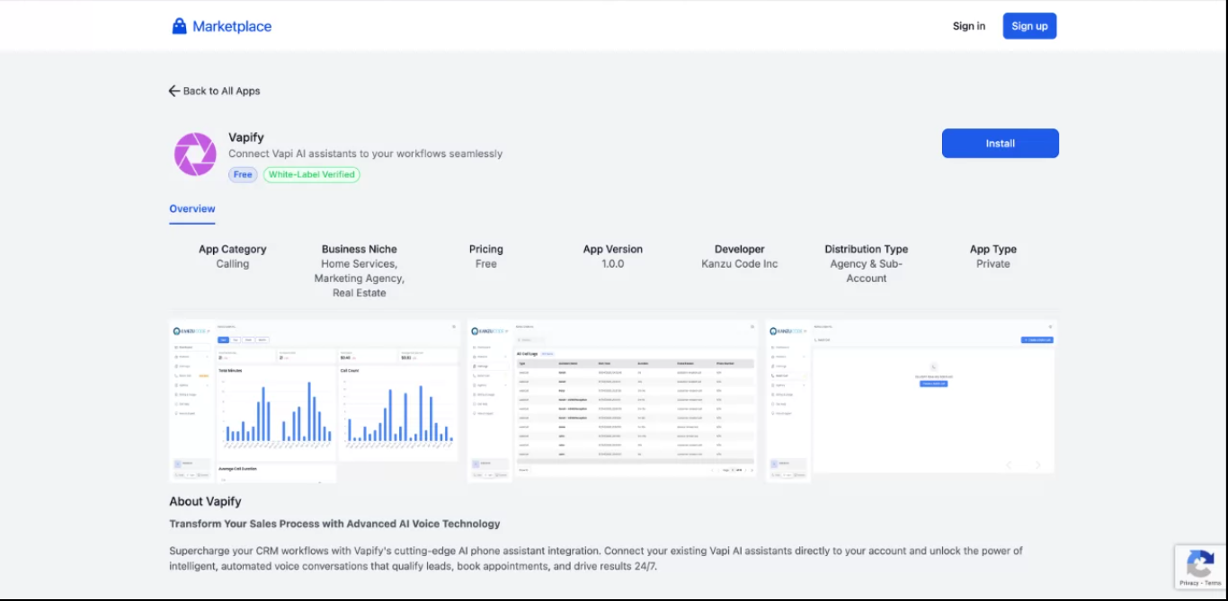 GoHighLevel Marketplace - Vapify Installation
