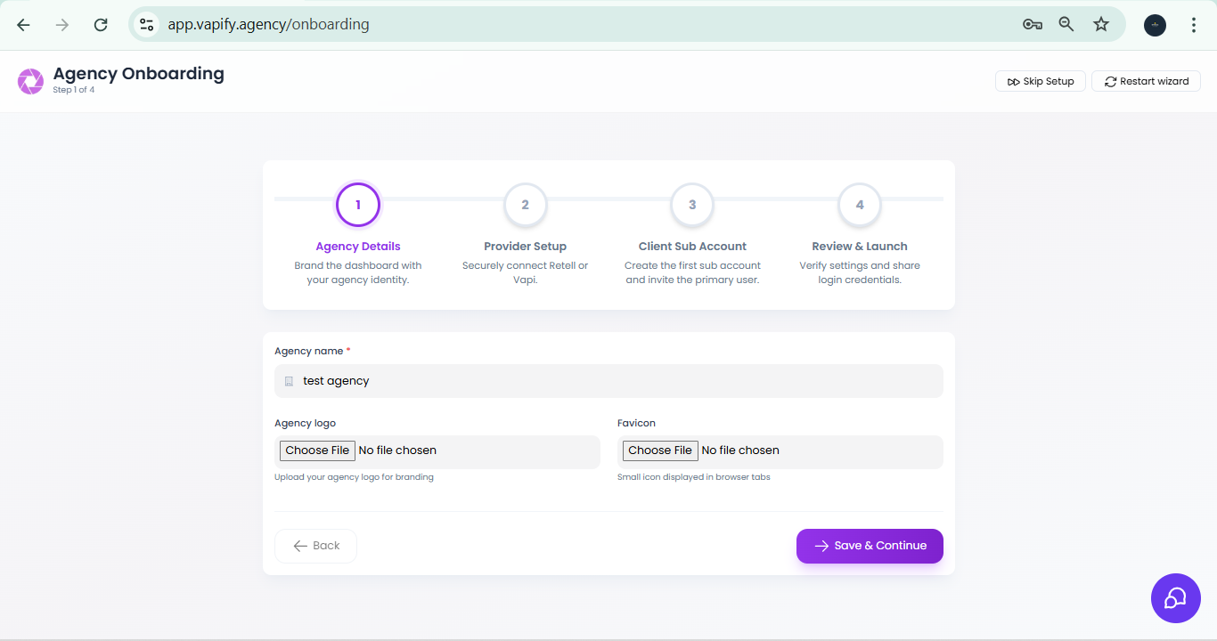 Agency Onboarding Step 1 - Agency Details configuration screen showing agency name, logo, and favicon upload fields